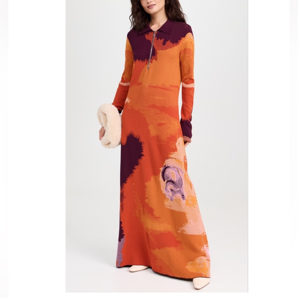 $495 Rodebjer Flame Pattern Clemins Double Knit Stretch Maxi Dress XS